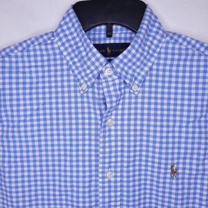 Ralph Lauren Shirt Mens Small Gingham Check Blue, White Slim Fit Stretch Oxford
